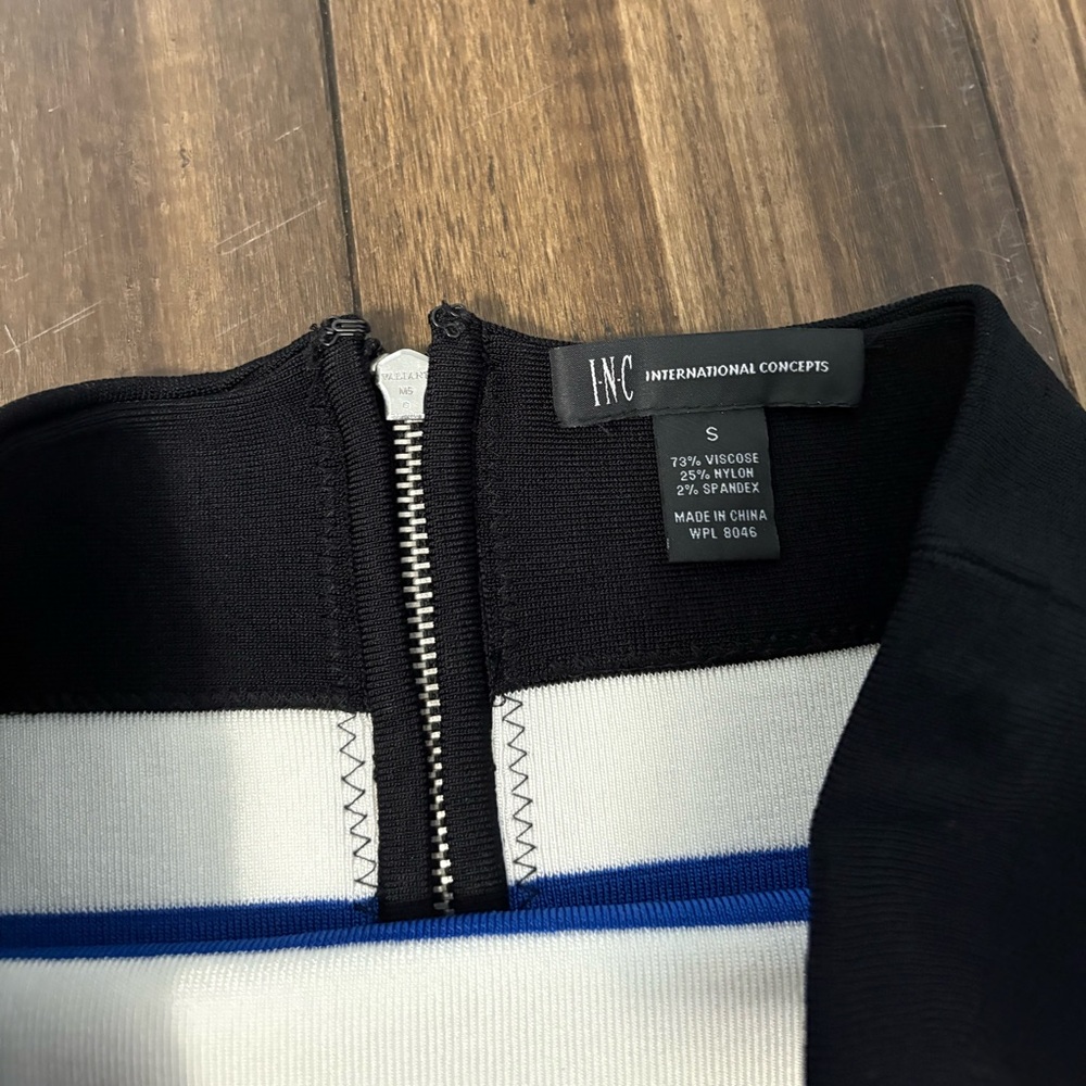 INC Sz S Mini Bodycon Skirt Blue Black & White Striped Stretchy Zip Up High Rise - Picture 5 of 9